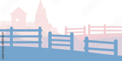 A minimalist, stylized farm scene with fences, a building, and trees in soft hues