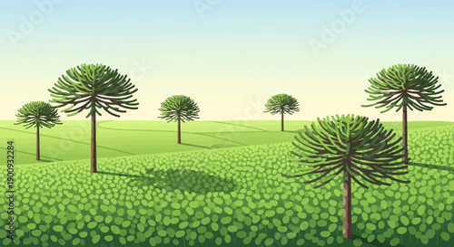 A pixelated landscape with green fields and distinctive trees under a clear sky