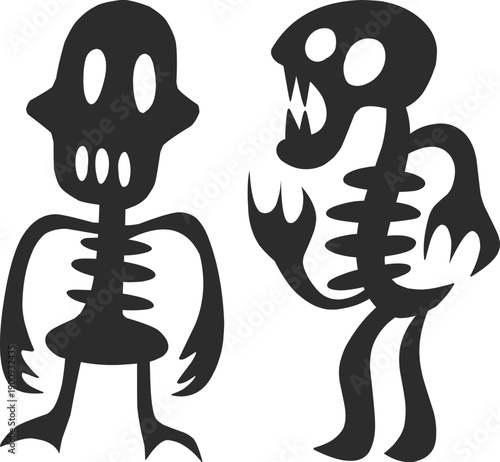 Halloween horror icon set collection group with spooky monster silhouettes, haunted house, ghost, skeleton, pumpkin, graveyard, scary creatures vector isolated on black background.