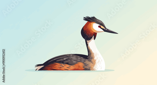 A pixelated great crested grebe with red eyes floats peacefully