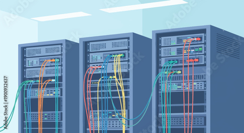 A row of server racks with colorful cables connecting them