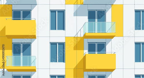 A modern apartment building with bright yellow accents and blue windows