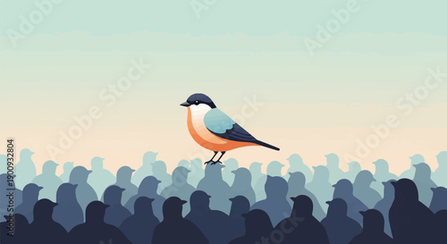 A lone, colorful bird stands out from a crowd of muted, silhouetted figures