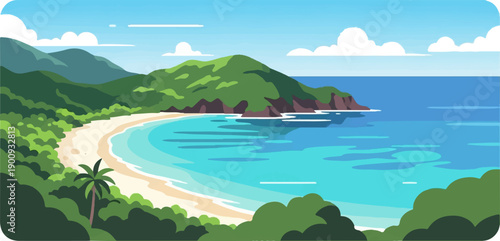 A pixel art tropical bay with lush green hills and clear blue water