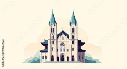 A pixelated church with twin towers and a rounded rose window