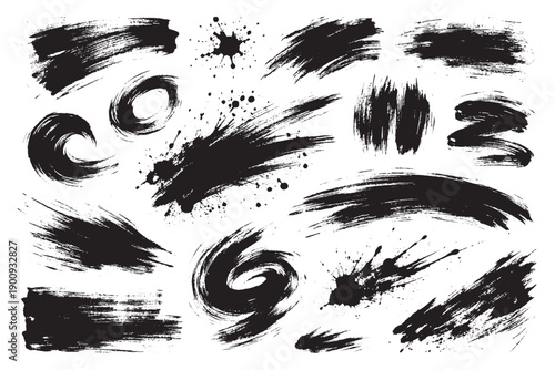 Black ink brush strokes and artistic paint splashes vector collection