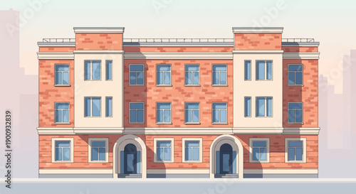 A pixelated building with brick facade and evenly spaced blue windows
