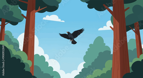 A lone black bird soars through a bright blue sky above a lush green forest