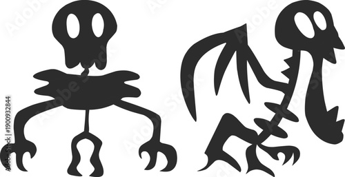 Halloween horror icon set collection group with spooky monster silhouettes, haunted house, ghost, skeleton, pumpkin, graveyard, scary creatures vector isolated on black background.