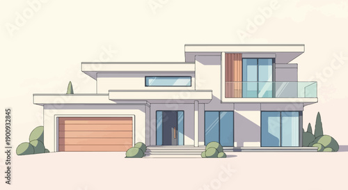 A modern, minimalist house with a garage and balcony, surrounded by bushes