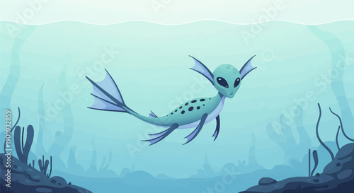 A pixelated aquatic creature with large eyes swims in shallow blue water