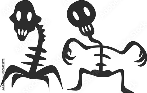 Halloween horror icon set collection group with spooky monster silhouettes, haunted house, ghost, skeleton, pumpkin, graveyard, scary creatures vector isolated on black background.