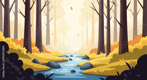 A pixelated autumnal forest scene with bare trees and falling leaves