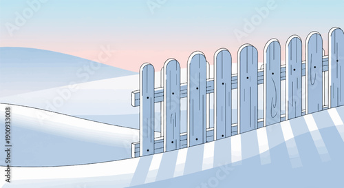 A light blue picket fence stands in a snowy landscape under a pink sky