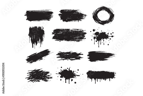 Black ink brush strokes and circular paint splatters vector set
