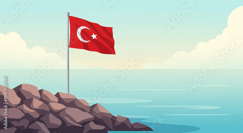 A nation's flag flies proudly over a rocky coast and calm sea