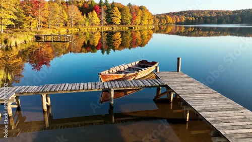 Wallpaper Mural Beautiful autumn lake scene with a wooden dock and boat, colorful trees. Torontodigital.ca