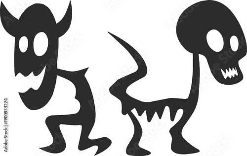 Halloween horror icon set collection group with spooky monster silhouettes, haunted house, ghost, skeleton, pumpkin, graveyard, scary creatures vector isolated on black background.