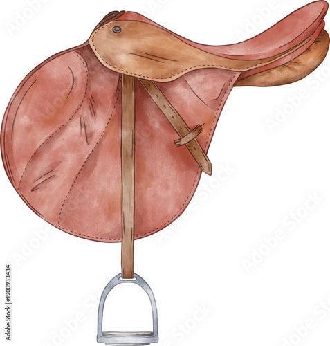 Tablou pe pânză Hand drawn watercolor english brown saddle for horse riding and jumping on trans