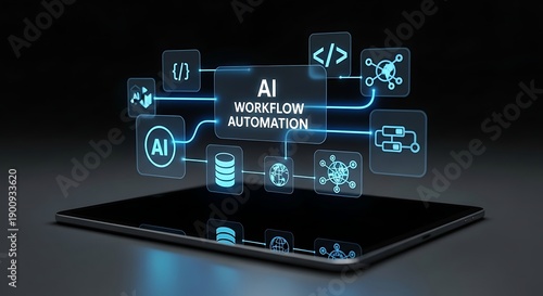 Wallpaper Mural Modern tablet displaying artificial intelligence workflow automation with interconnected digital icons and futuristic interface design Torontodigital.ca