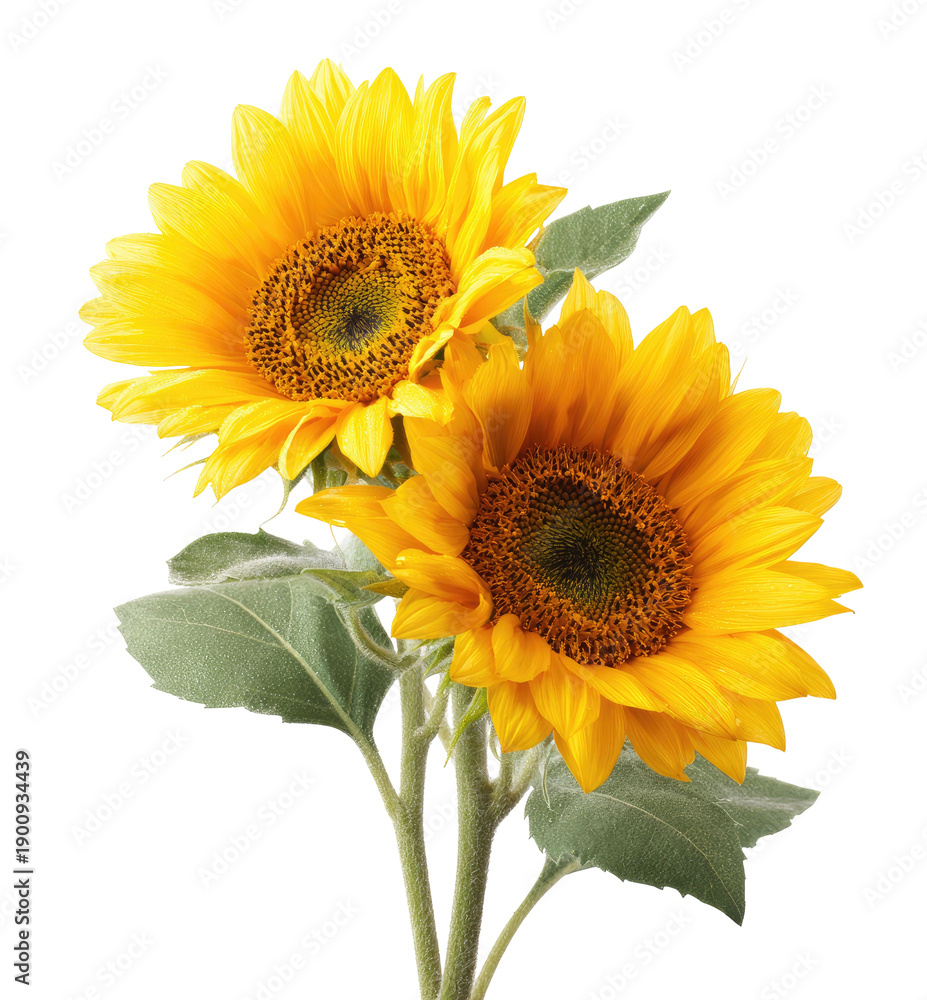 Fototapeta premium Two vibrant yellow sunflowers with dark centers and green leaves, isolated on black