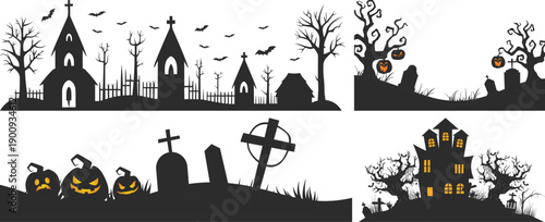 Halloween horror icon set collection group with spooky monster silhouettes, haunted house, ghost, skeleton, pumpkin, graveyard, scary creatures vector isolated on black background.
