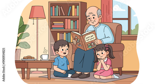 Grandfather reading story book to grandchildren in cozy living room setting with bookshelf lamp and plant vector illustration of family bonding time