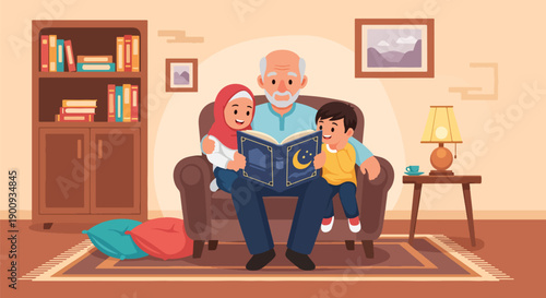 Muslim grandfather reading moon and star book to kids wearing hijab in home setting with bookshelf and landscape painting vector flat illustration