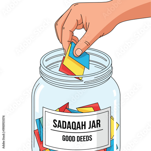 Hand putting colorful paper slips with good deeds into sadaqah jar, charity concept for Ramadan and Eid