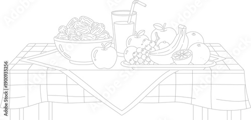 Outline illustration of ramadan iftar table laden with dates, fruits, and juice, perfect for coloring book or educational material