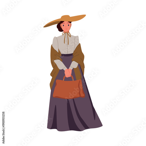Young Victorian girl wearing traditional long dress, wide-brim hat, and shawl, holding a brown handbag, isolated on white background vector illustration