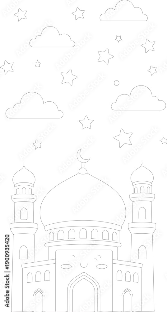 Fototapeta premium Islamic mosque silhouette with clouds and stars coloring page for kids creative religious activity featuring minarets and dome architectural details