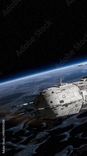 Spaceship travels through space above Earth in four frames showing movement and distance at different angles