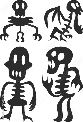 Halloween horror icon set collection group with spooky monster silhouettes, haunted house, ghost, skeleton, pumpkin, graveyard, scary creatures vector isolated on black background.