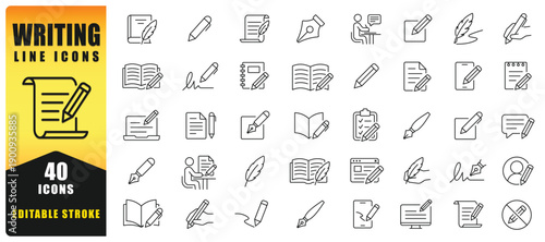 Writing Line Icon Set Featuring Pens, Documents, Notes, And Creative Writing Symbols. Perfect For Education, Blogging, Publishing, And Digital Content With Editable Stroke Style. Isolated Vector Icons