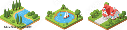 Isometric 3D Garden and Property Vector Set Featuring Suburban House with Red Roof, Winding River Landscape, and Sailboat on Pond for Map Building and Game Design
