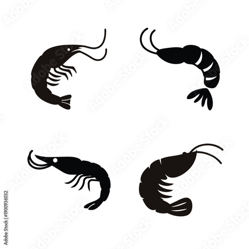 Four black and white illustrations of shrimp in various orientations