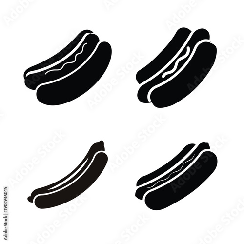 Four stylized black silhouettes of hot dogs and bananas arranged in a grid pattern.