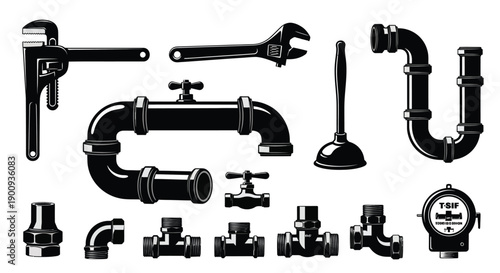 Set of Plumbing Tools and Pipes Icons
