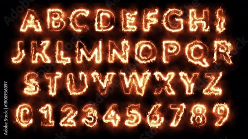 Alphabet text animation from a to z on transparent background, neon glowing alphabet fire sign animated text from A to Z with alpha channel in 4k.