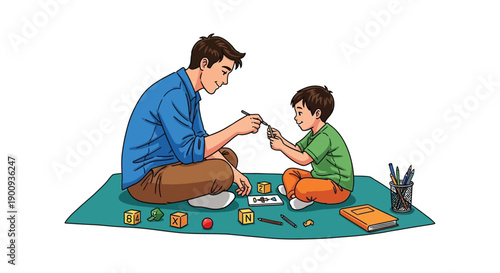 Father and son happily engaging in a focused learning activity with educational blocks