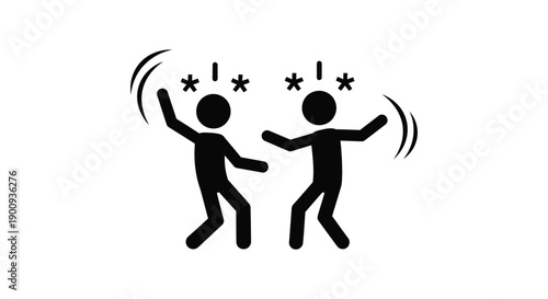 Two stylized black figures actively dancing or celebrating with motion lines and stars above