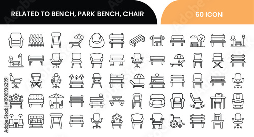 Outline Bench, Park Bench, and Chair Icon Set in Line Art Style for Seating, Furniture Design, Outdoor Spaces, Parks, and Digital Interface Design