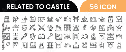 Outline Castle Icon Set in Line Art Style for Fortress, Medieval Buildings, Tower, Royal Heritage, and Digital Interface Design