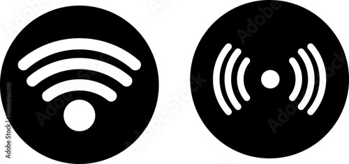 Two black circle icons with white symbols representing Wi-Fi connectivity and wireless network signal, isolated on transparent background