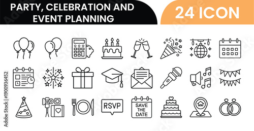 Outline Party, Celebration and Event Planning Icon Set in Line Art Style for Invitations, Decorations, Cake, Balloons, and Digital Interface Design