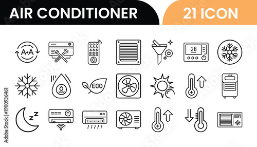 Outline Air Conditioner Icon Set in Line Art Style for Cooling System, Climate Control, Ventilation, and Digital Interface Design