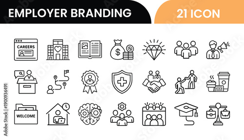 Outline Employer Branding Icon Set in Line Art Style for Recruitment, Employee Engagement, Corporate Culture, HR Strategy, and Digital Interface Design