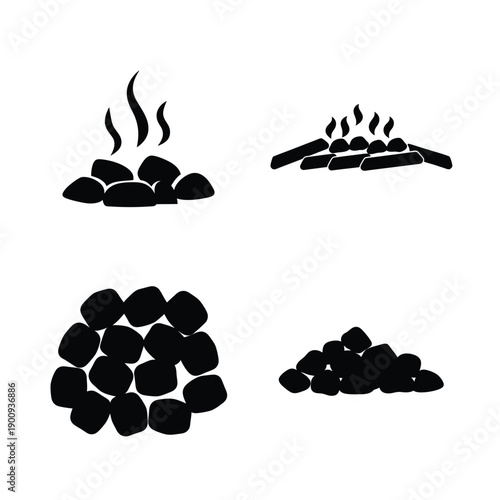Four different charcoal or coal burning states illustrated with smoke and embers.