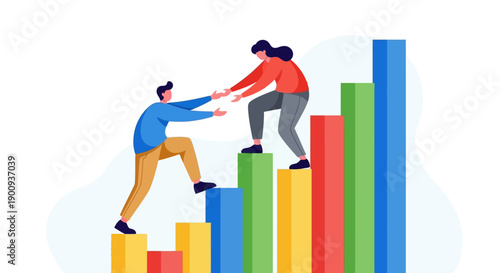 Vector teamwork concept with two people helping each other on a colorful bar chart graph for business presentation or infographic isolated on White Background